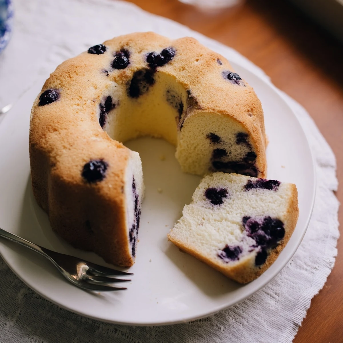 Light and airy blueberry chiffon cake with tender crumb and scattered fresh blueberries throughout