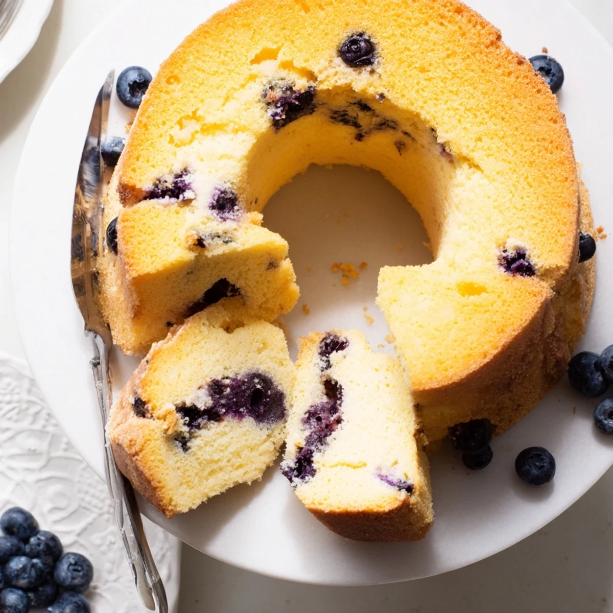 Golden slice of fluffy blueberry chiffon cake with fresh berries on a white serving plate