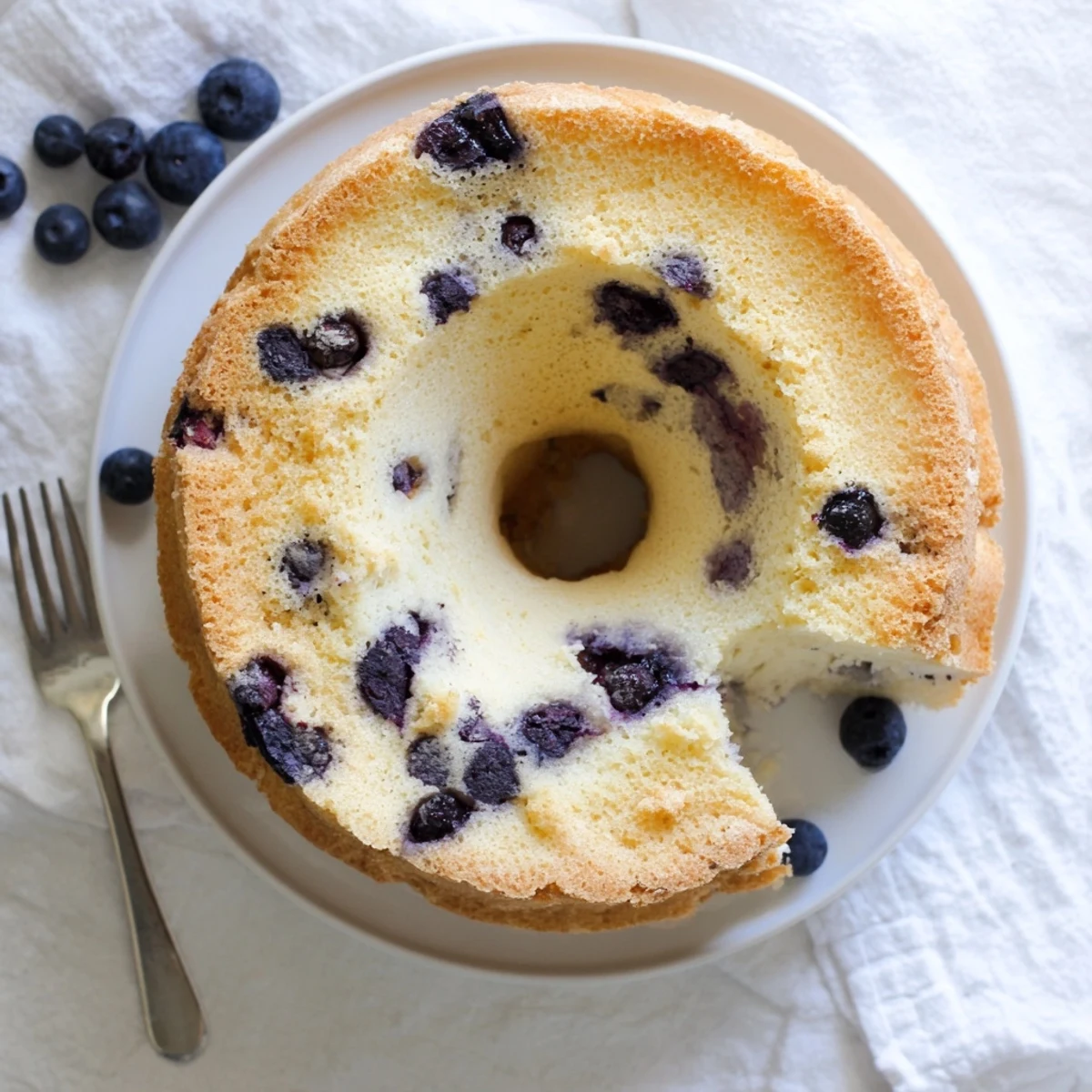 Tall fluffy blueberry chiffon cake inverted on cooling rack with golden-brown domed top