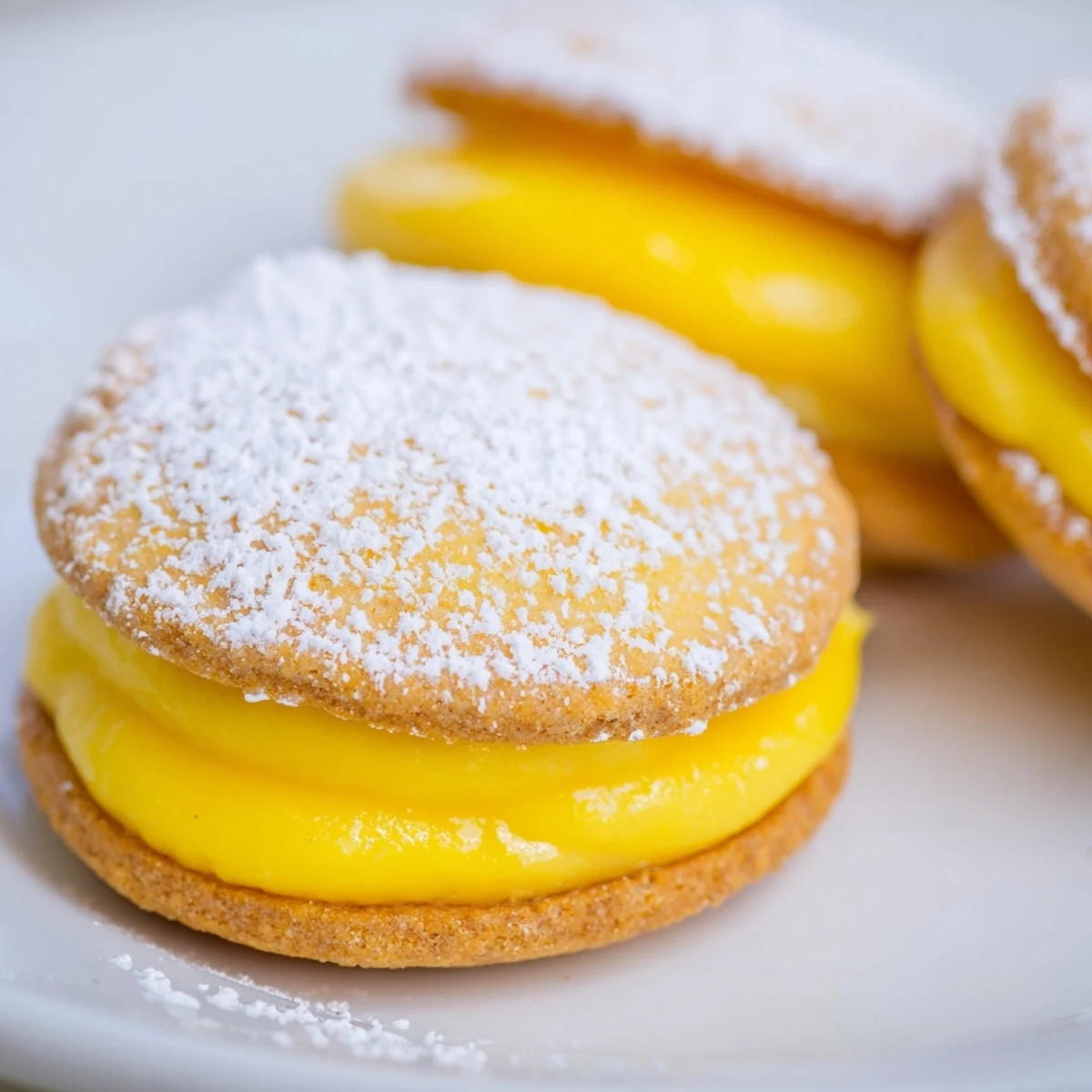 Two golden lemon sandwich cookies filled with bright yellow vegan lemon curd filling