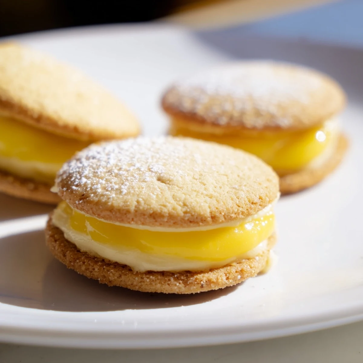 Delicate zesty lemon sandwich cookies stacked on a white plate with powdered sugar