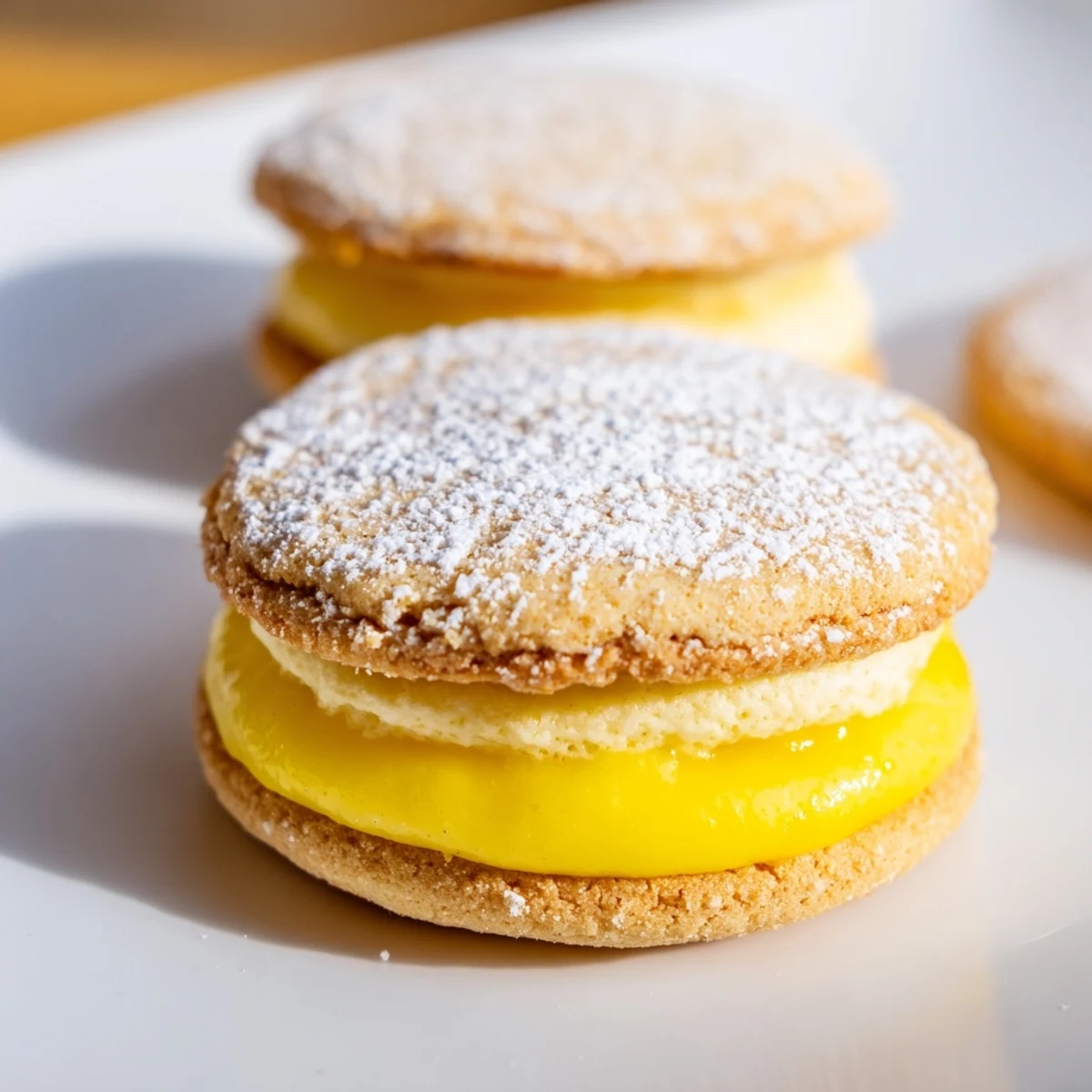 Close-up of lemon sandwich cookies showing creamy curd between golden crisp cookie layers