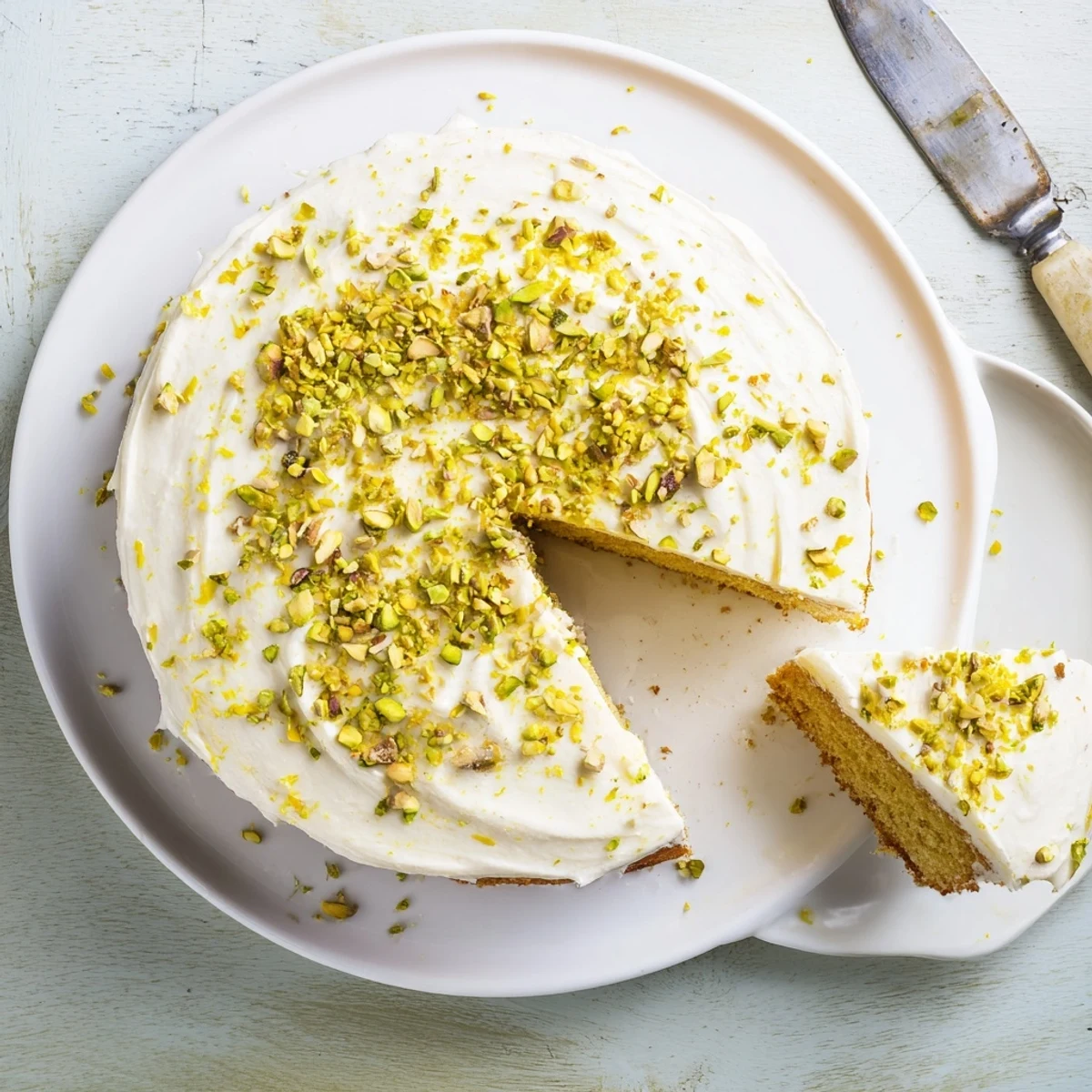 Golden lemon pistachio cake slice with creamy mascarpone frosting topped with chopped nuts