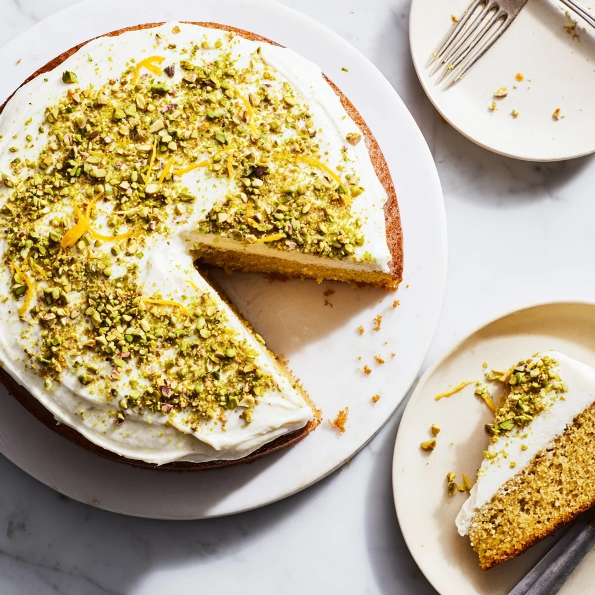 Moist lemon pistachio cake with fluffy white mascarpone frosting and fresh lemon zest garnish