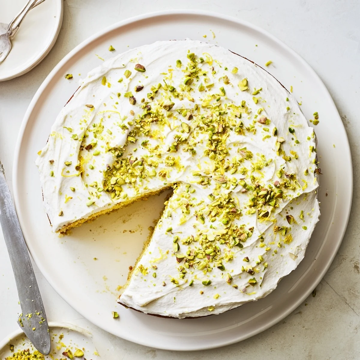 Elegant lemon pistachio cake layered with silky mascarpone cream and sprinkled with green pistachios