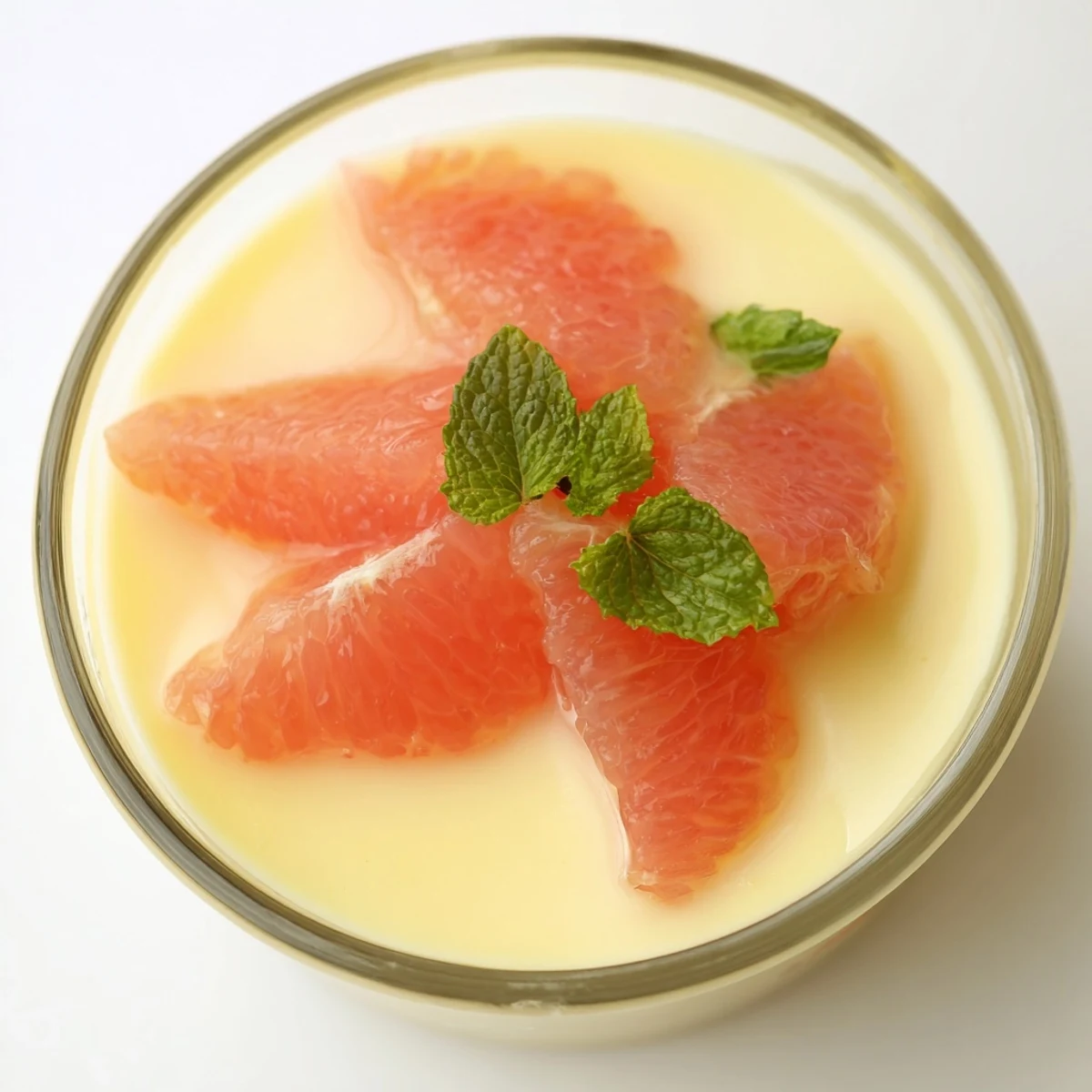 Silky Italian grapefruit panna cotta dessert garnished with bright pink grapefruit pieces on white plate