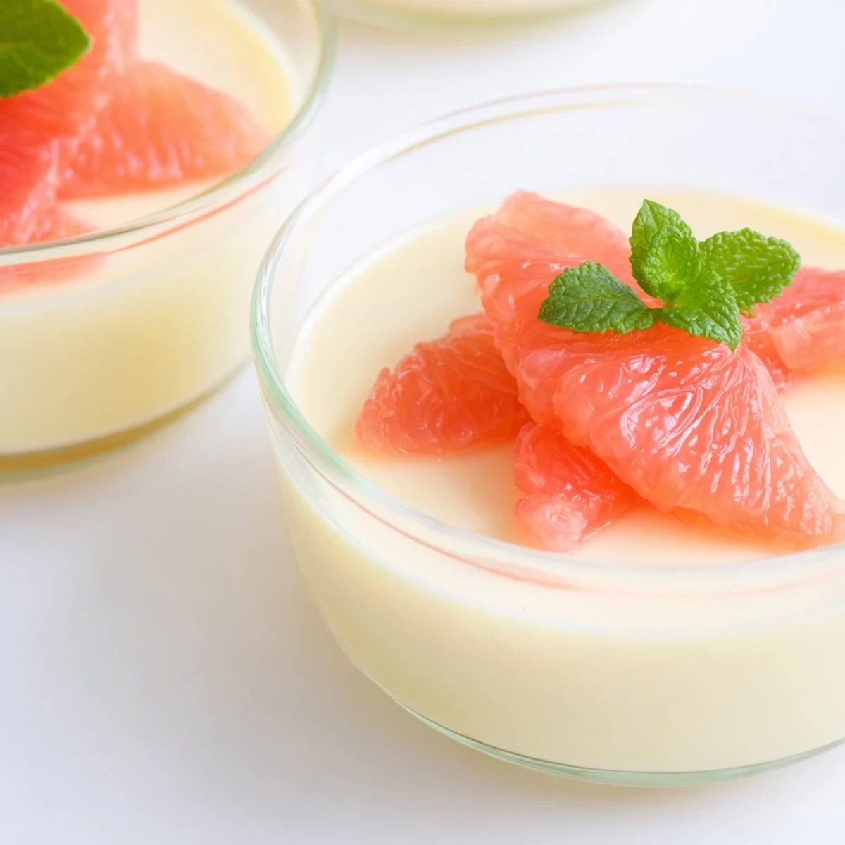 Creamy grapefruit panna cotta topped with fresh citrus segments and mint in glass ramekins