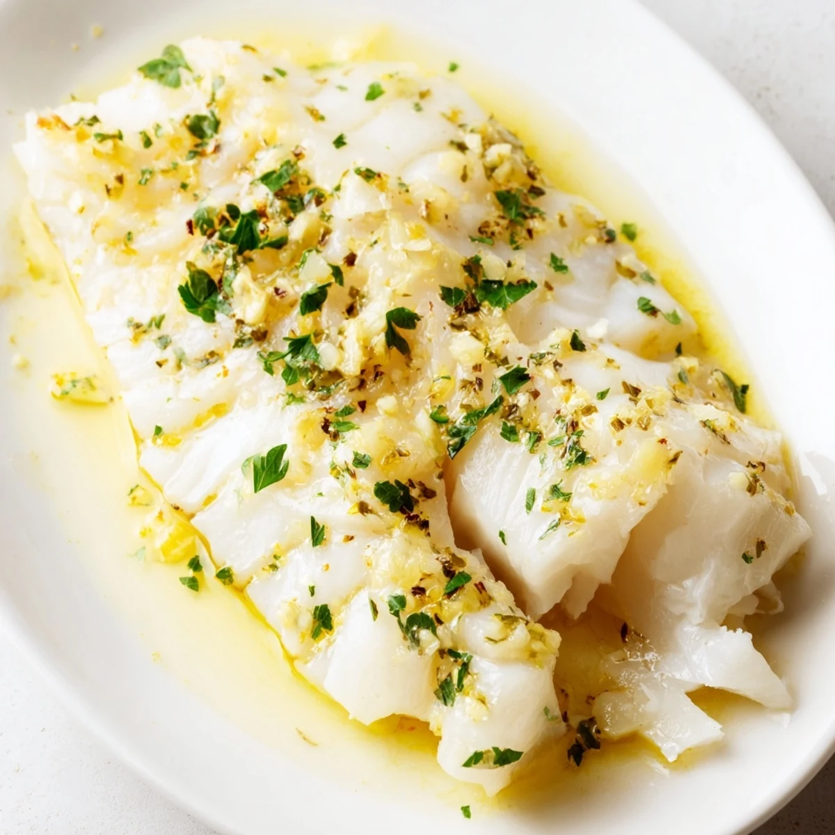 Flaky white cod fish roasted with aromatic garlic and zesty lemon in Mediterranean style
