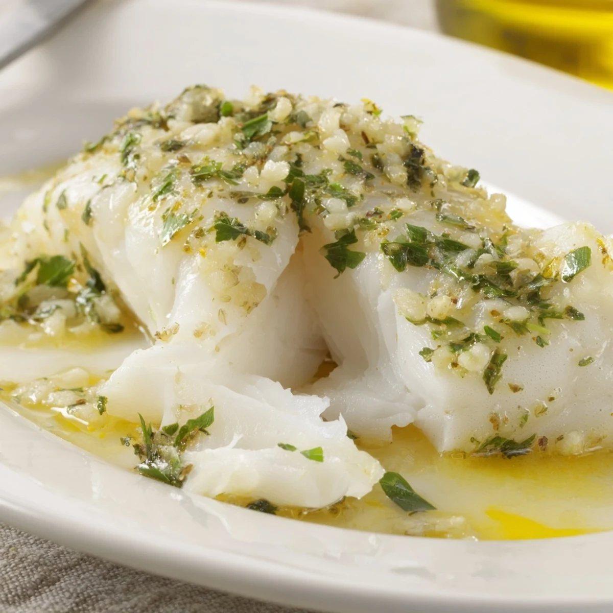 Golden baked lemon garlic cod fillets drizzled with bright butter sauce and fresh parsley
