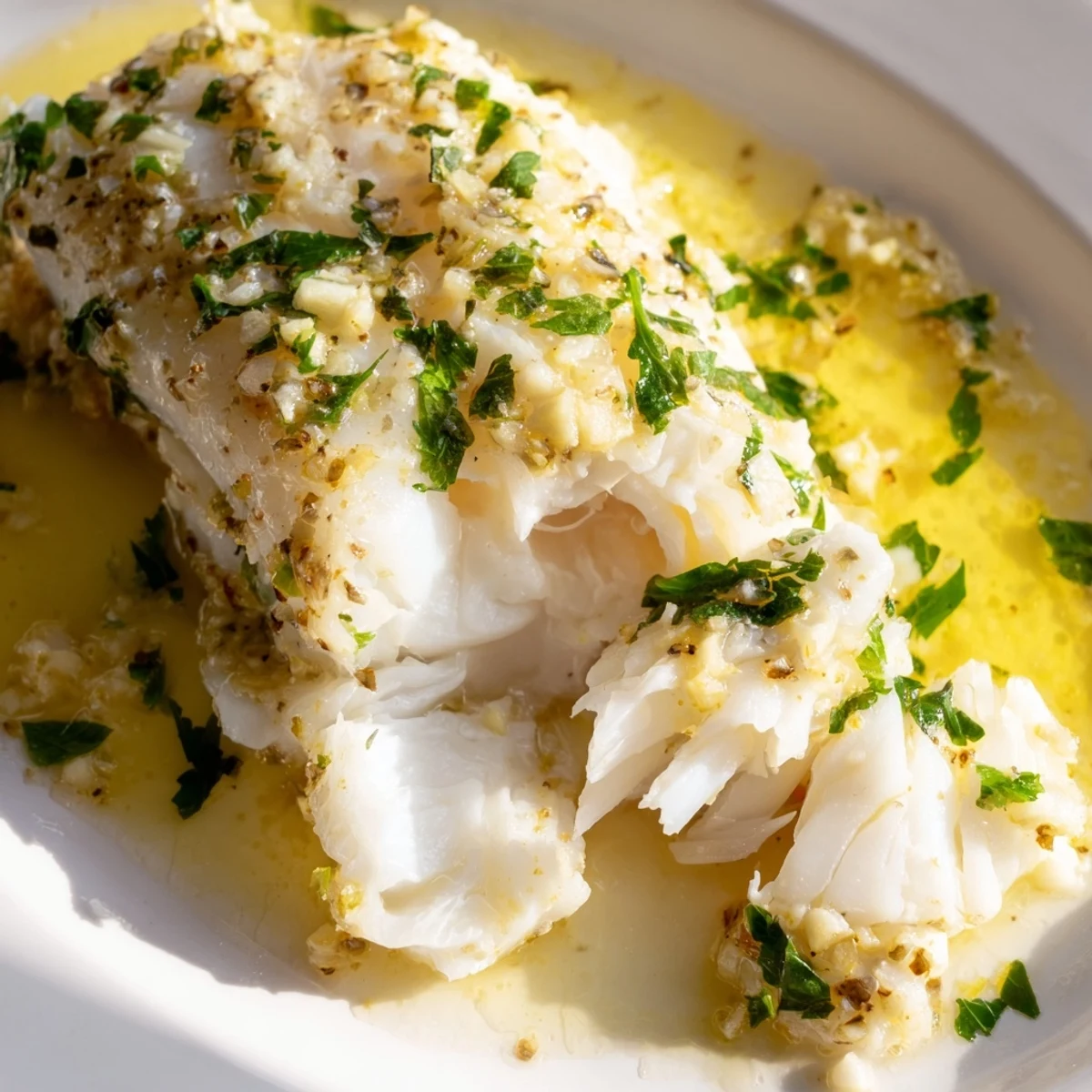Tender oven-baked cod topped with melted lemon garlic butter and garnished with herbs