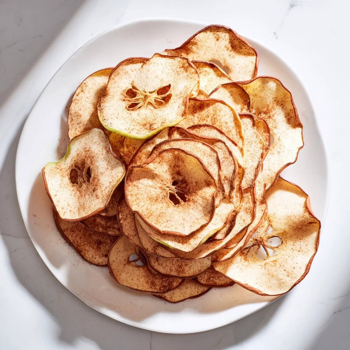 Golden brown air fryer apple chips sprinkled with cinnamon arranged on white serving plate