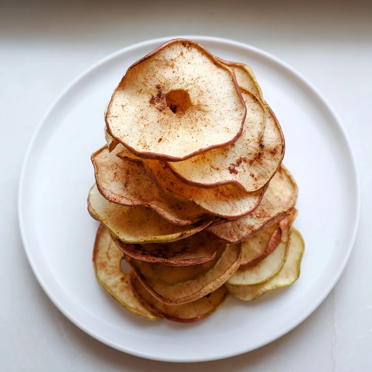 Thinly sliced crispy apple chips with warm cinnamon sugar coating cooling on wire rack