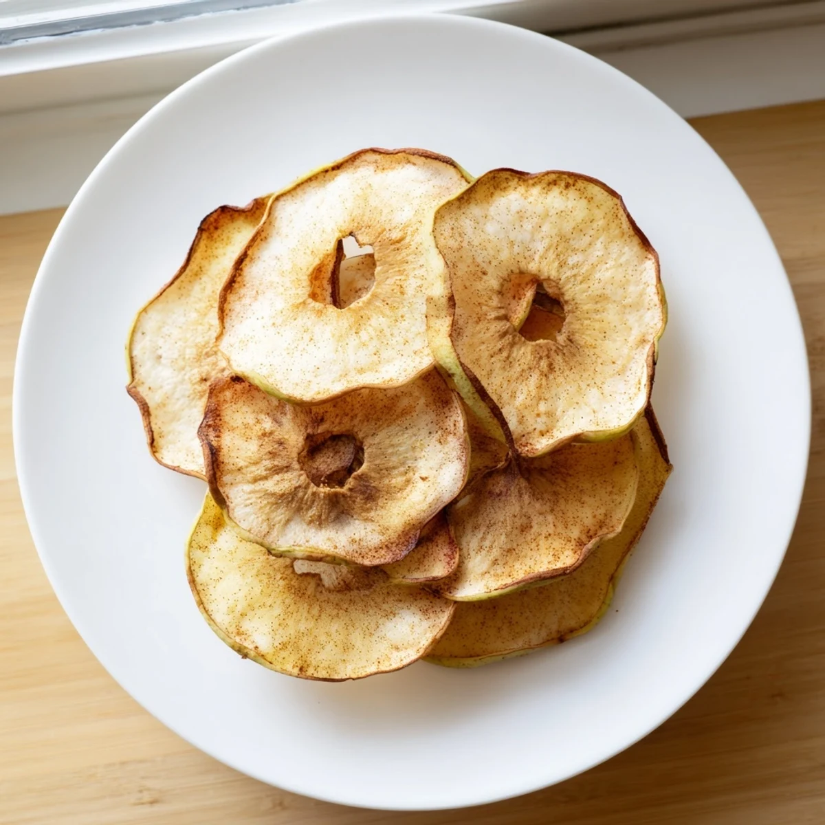 Homemade air fryer apple chips stacked showing their naturally sweet crunchy texture and cinnamon dusting