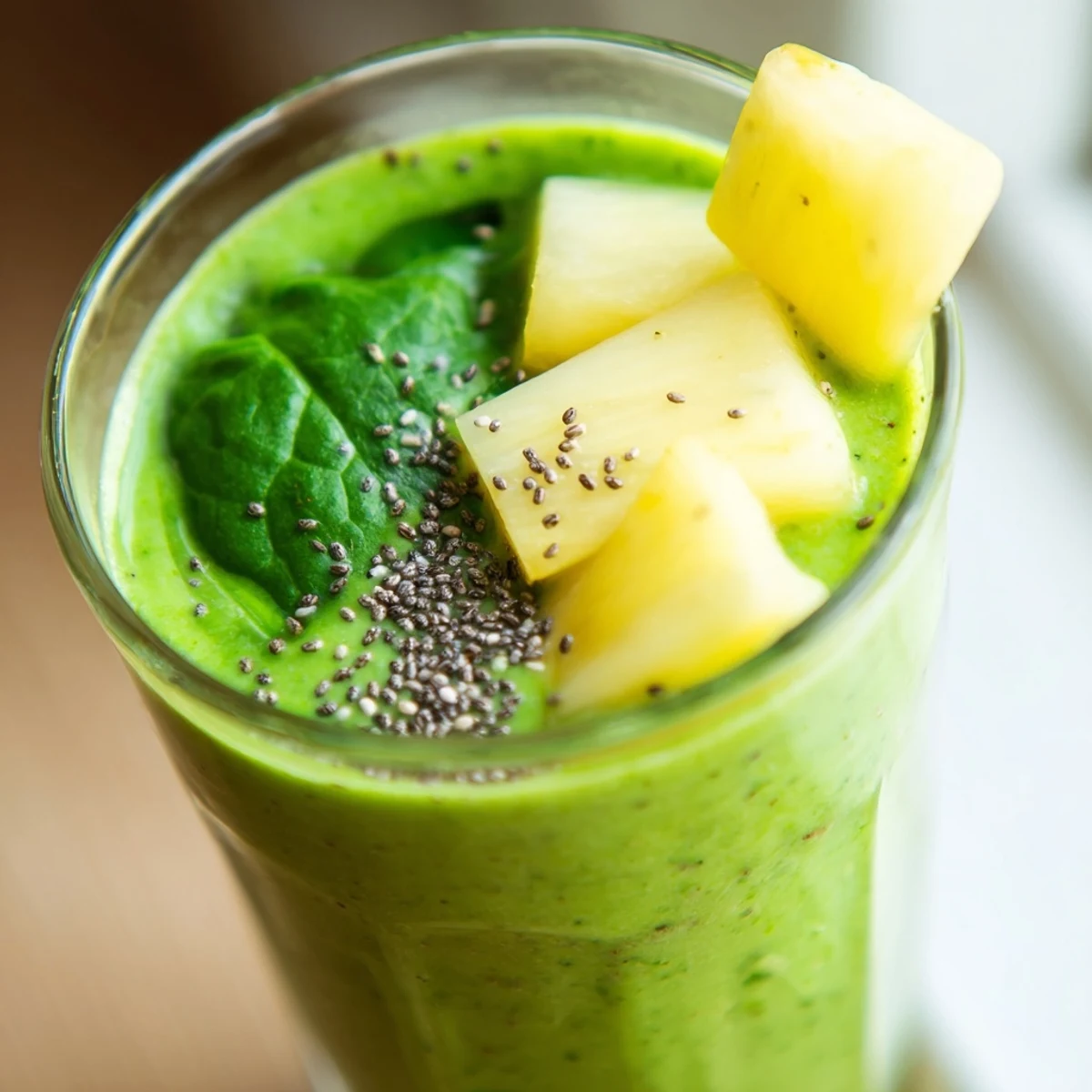 Creamy Greek yogurt green smoothie blended with fresh spinach and sweet pineapple in a tall glass