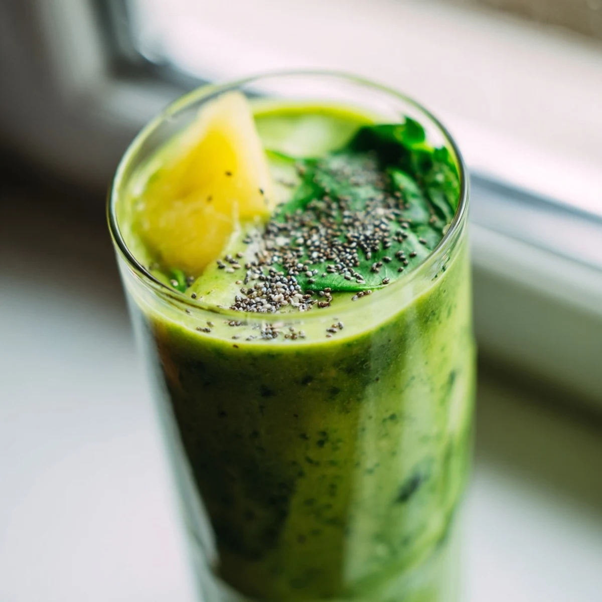 Vibrant green smoothie bowl topped with banana slices and chia seeds alongside the blended drink