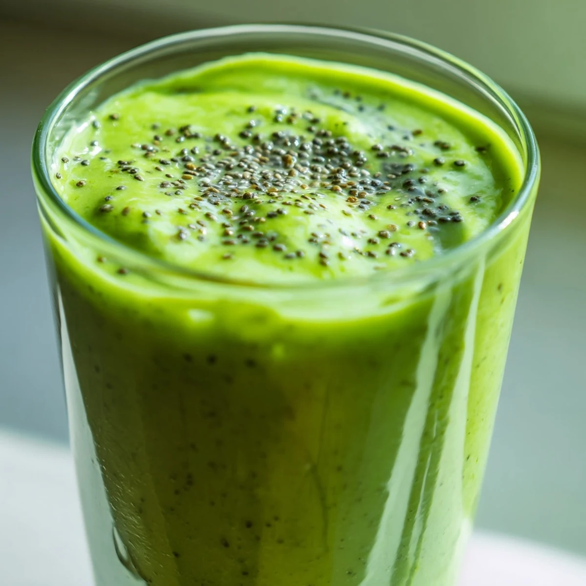 Thick Greek yogurt green smoothie poured into a mason jar with ice cubes and fresh spinach garnish