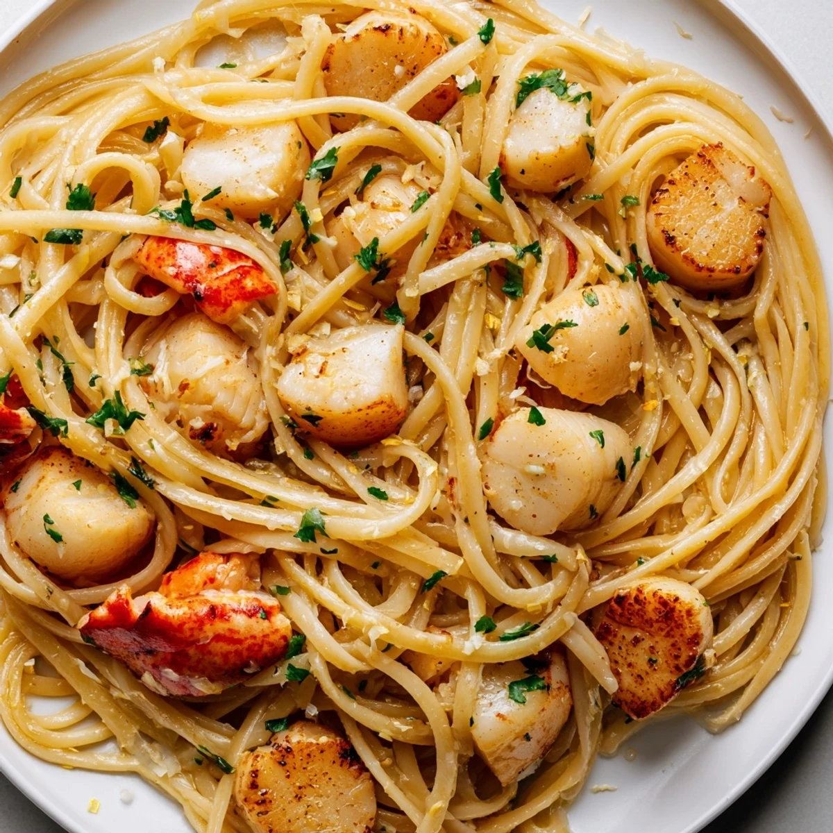Golden lobster and scallop garlic butter linguine tossed with fresh herbs and lemon zest