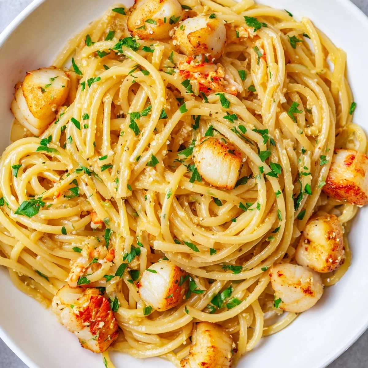 Creamy garlic butter linguine topped with tender seared scallops and sweet lobster pieces