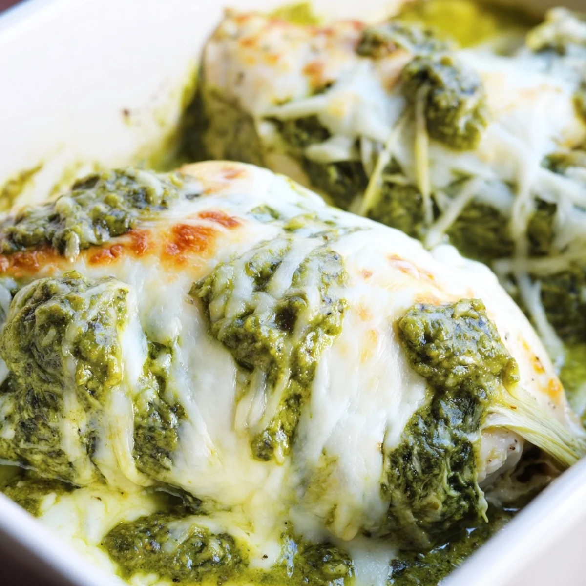 Golden bubbly Pesto Spinach Artichoke Chicken Bake fresh from the oven with melted cheese