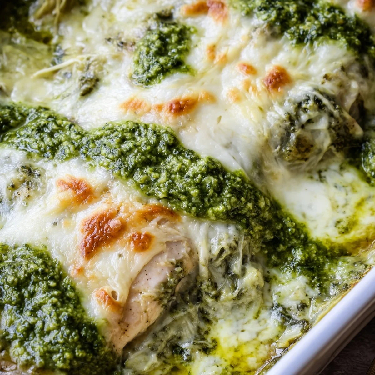 Creamy spinach and artichoke topped chicken breasts baked with basil pesto and mozzarella