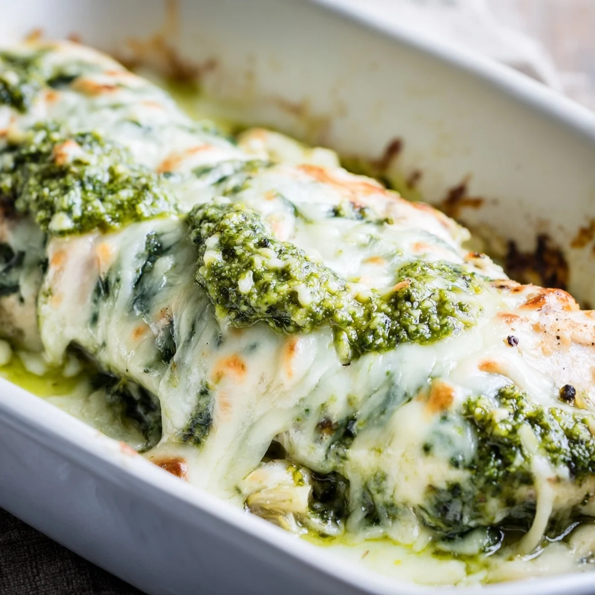 Savory baked chicken layered with vibrant pesto, artichokes, spinach, and gooey melted cheese topping