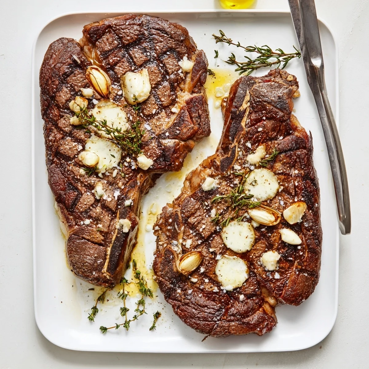 Perfectly seared garlic butter cast iron ribeye steak with a golden brown crust and melted herb butter