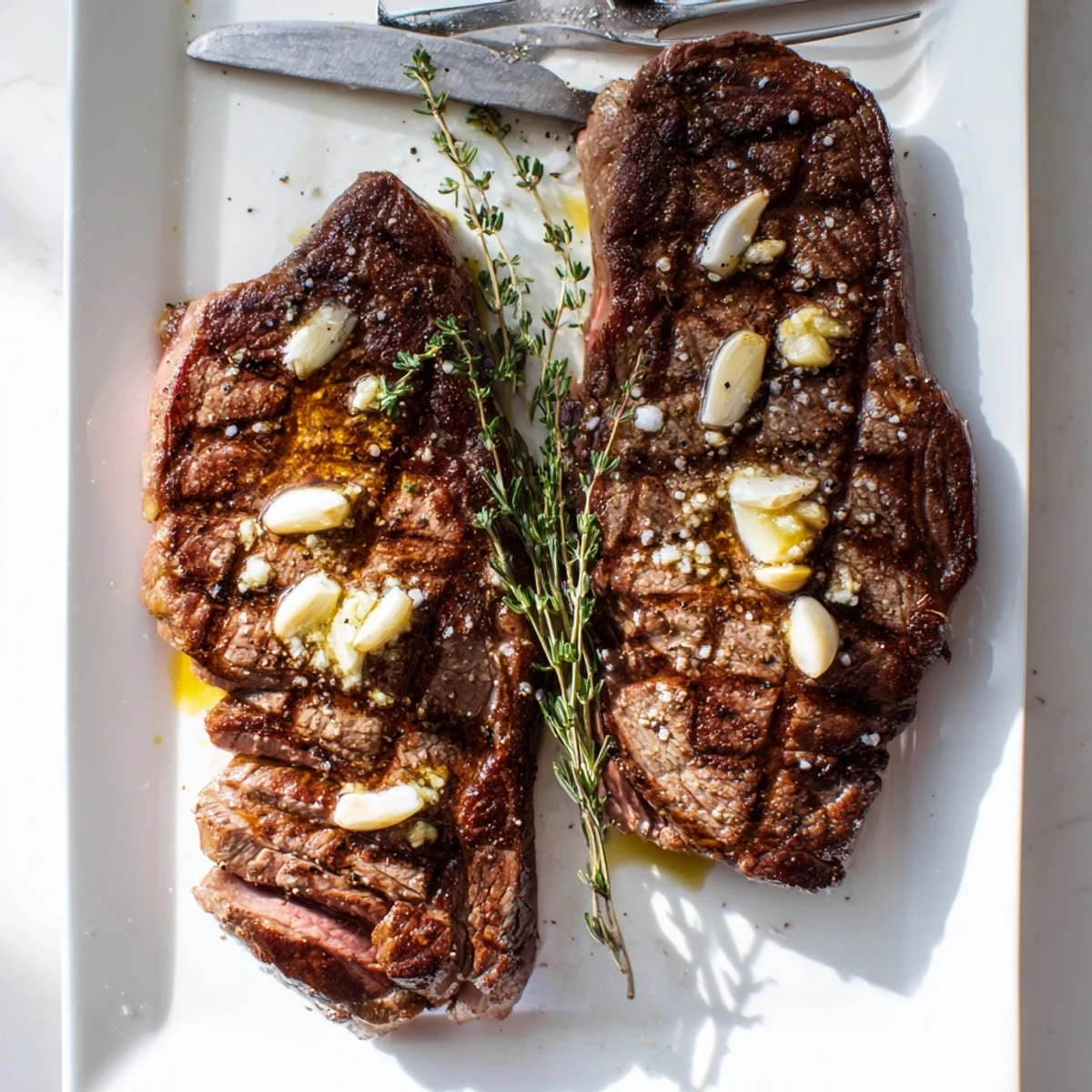 Sizzling cast iron ribeye steak topped with rich garlic butter and sprigs of rosemary and thyme