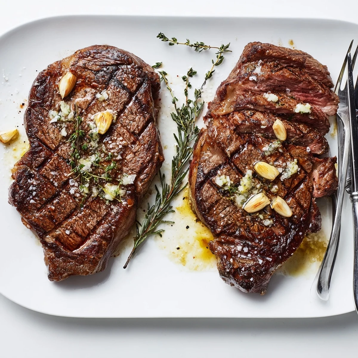 Juicy ribeye steak basted in aromatic garlic butter and fresh herbs, cooked in a cast iron skillet