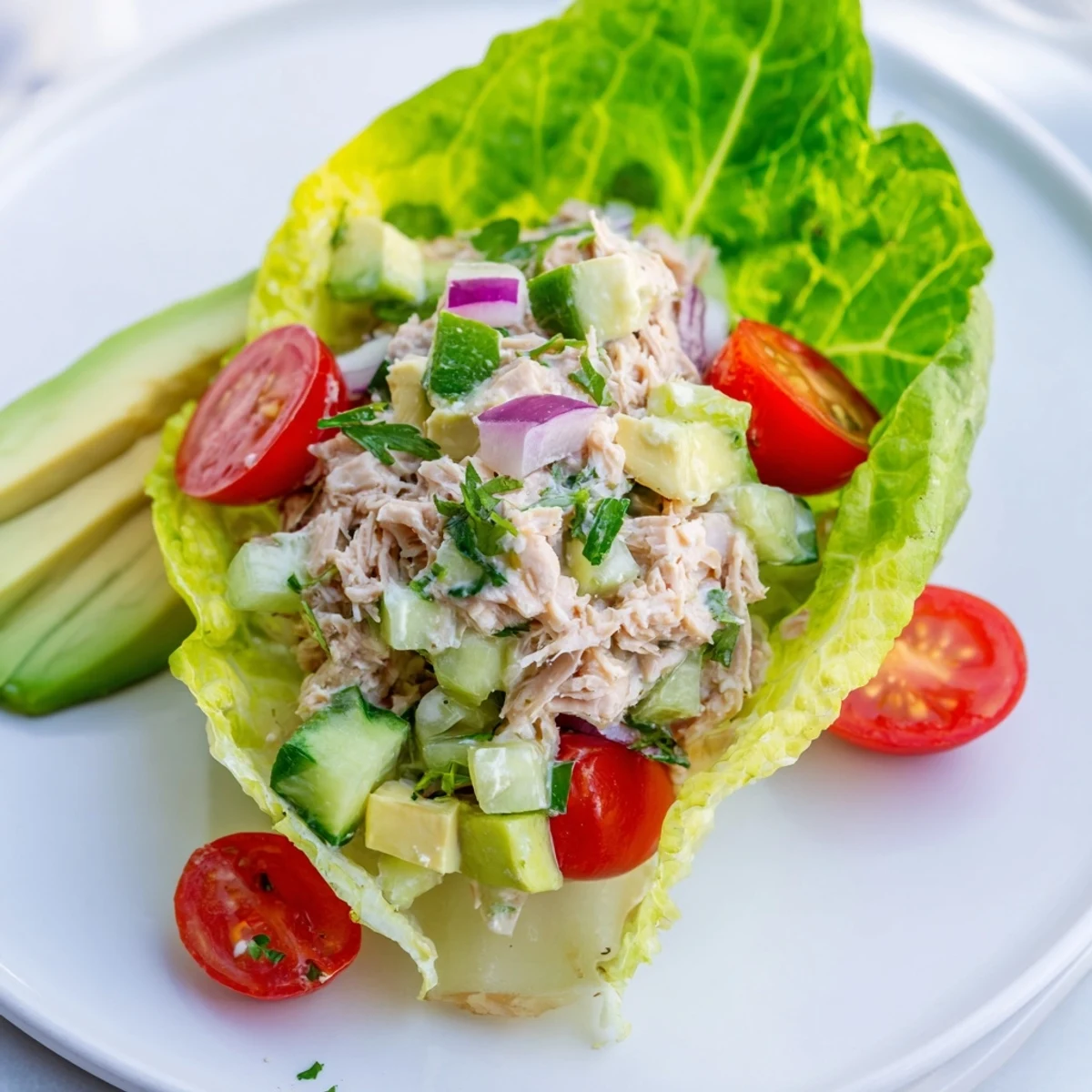 Fresh tuna salad nestled in crisp lettuce leaves with avocado and juicy cherry tomatoes