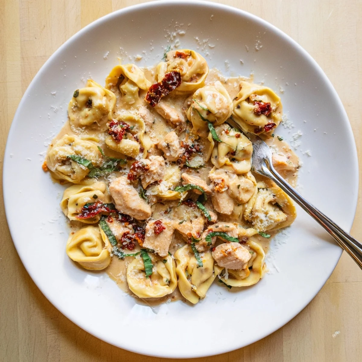 Golden brown chicken pieces and cheese tortellini swimming in a velvety white sauce with chopped sun-dried tomatoes