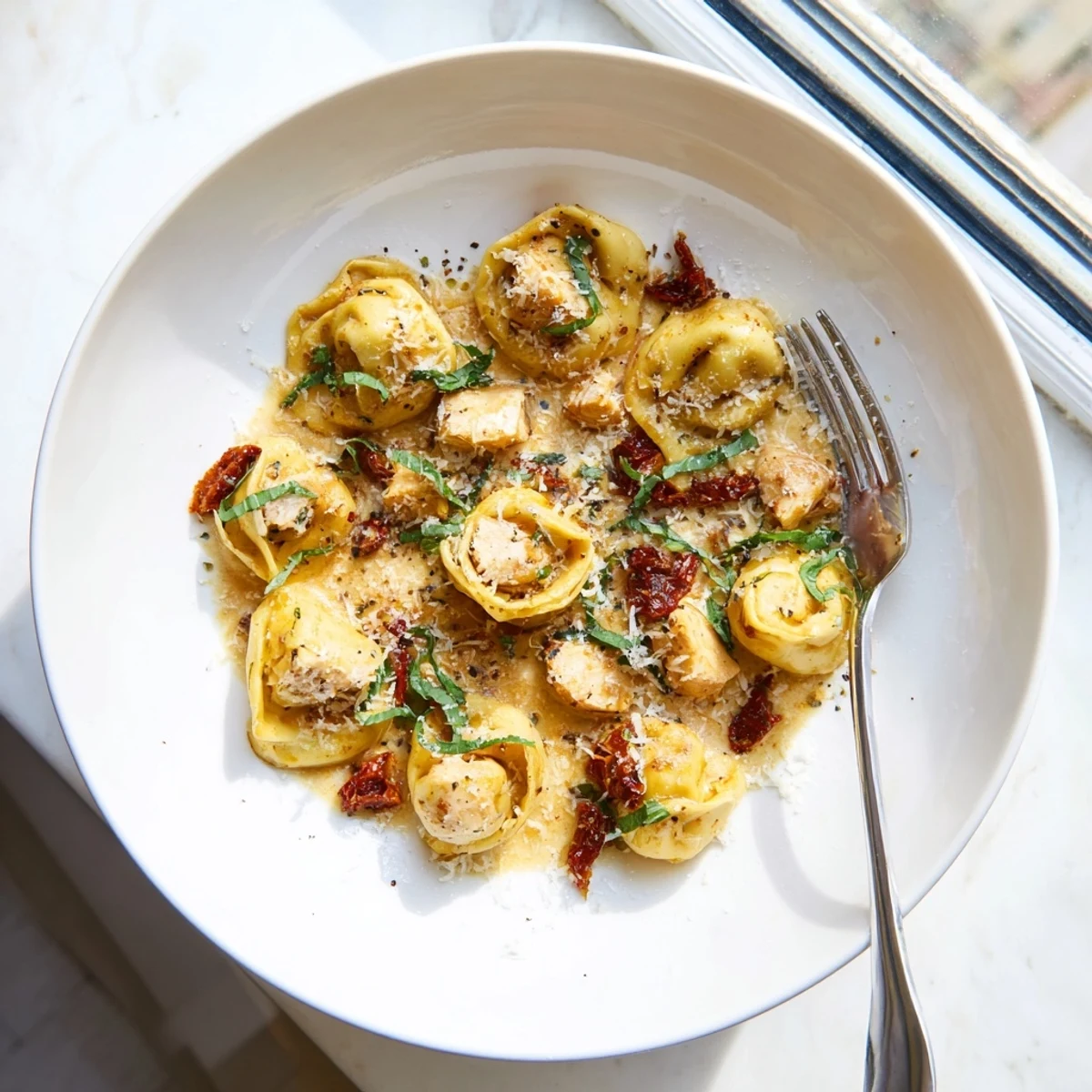 One-pot Marry Me Chicken Tortellini featuring tender pasta chunks in rich sun-dried tomato cream sauce with fresh basil garnish
