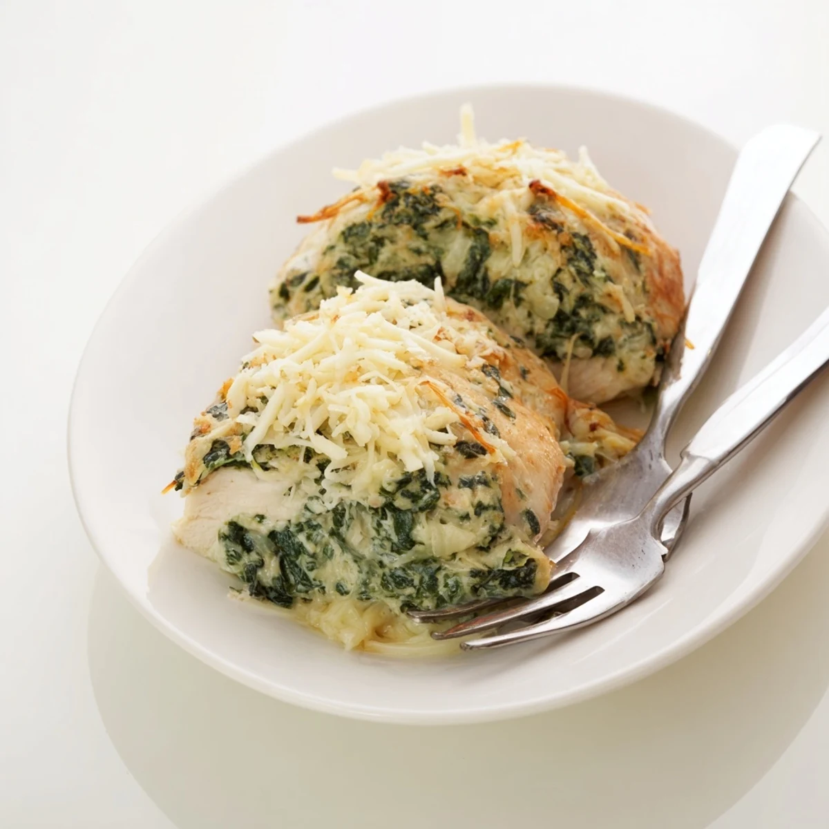 Golden baked spinach ricotta chicken breasts with melted mozzarella topping on a white plate