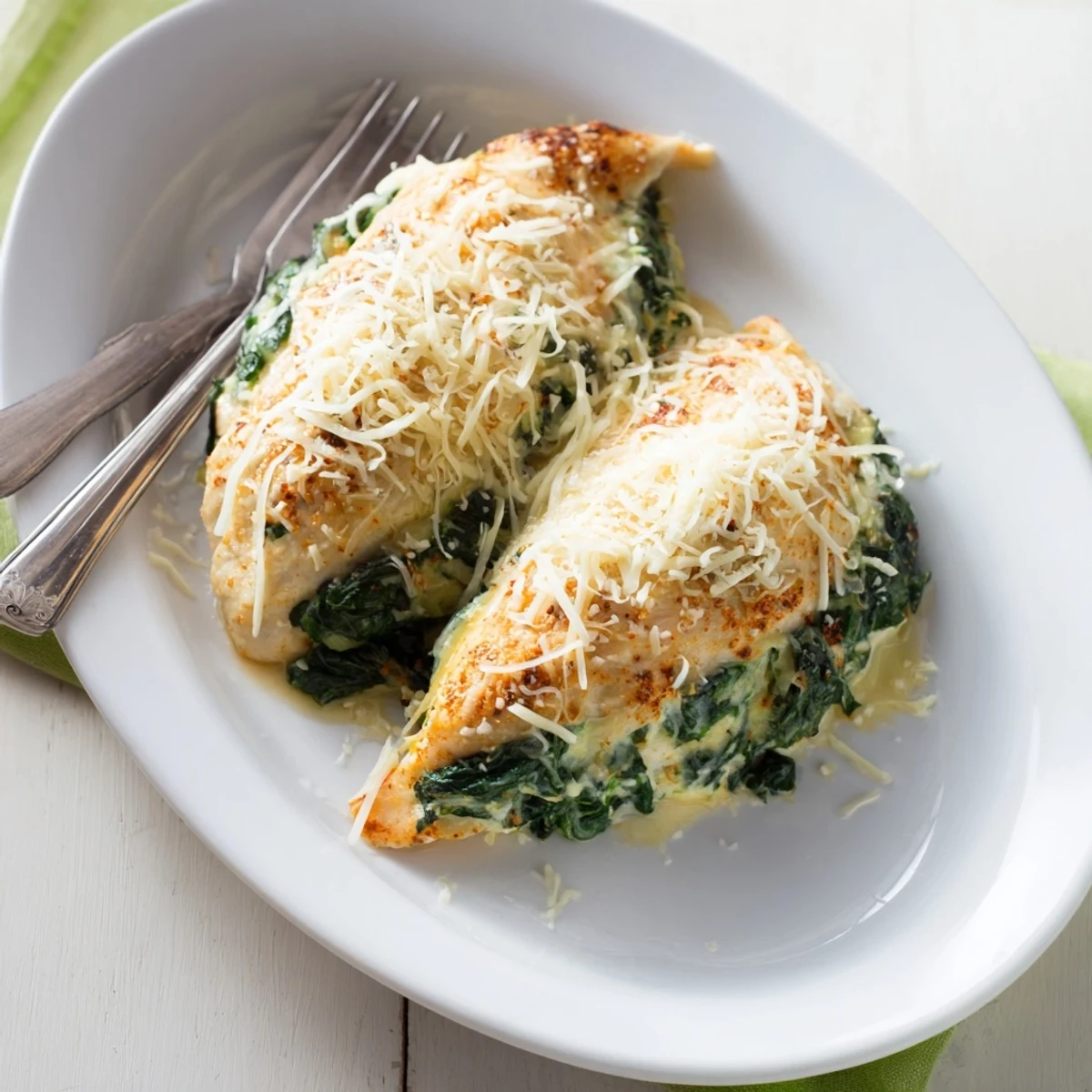 Juicy stuffed chicken breast sliced open revealing creamy green spinach ricotta filling
