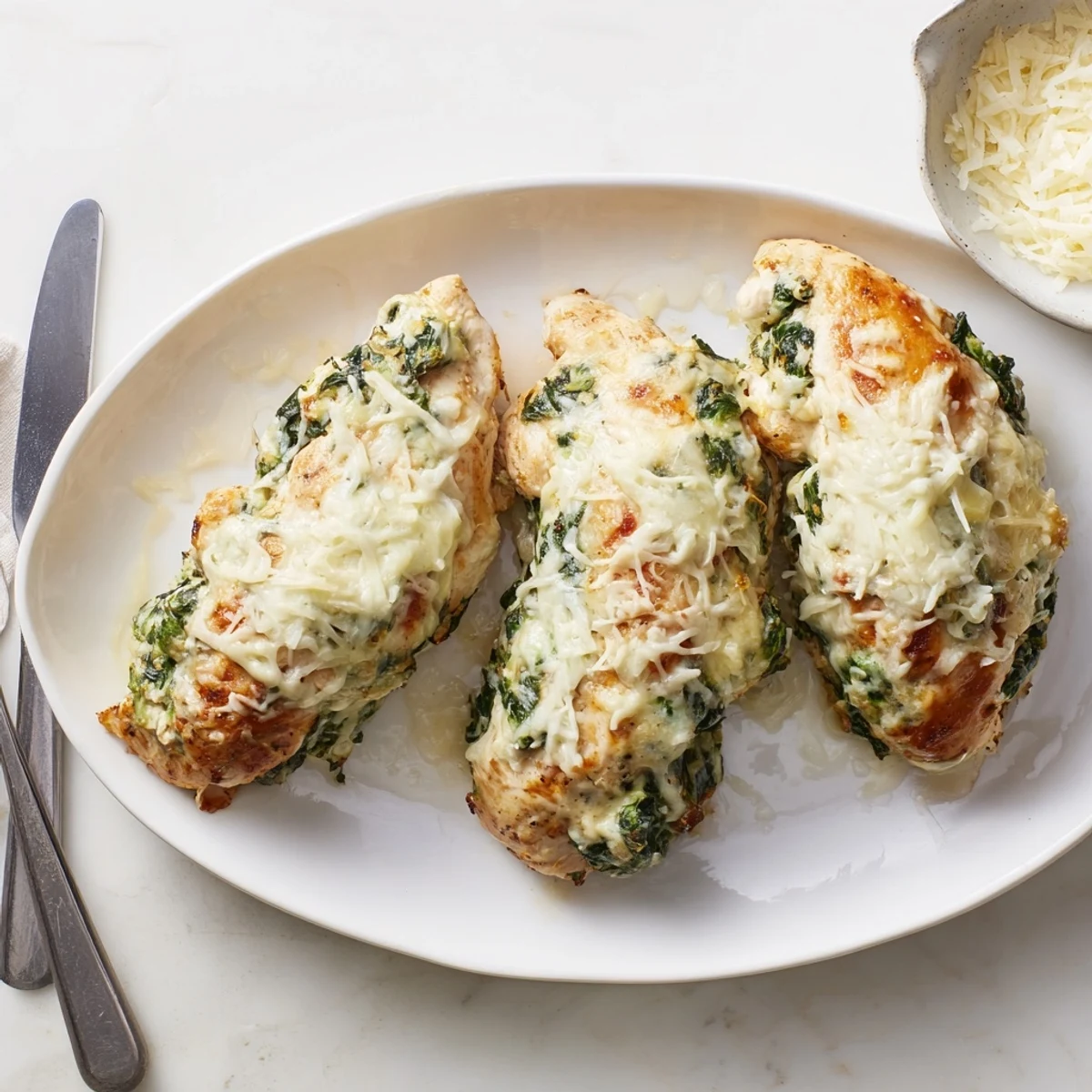 Simple baked spinach ricotta chicken featuring golden brown cheese topping and tender meat