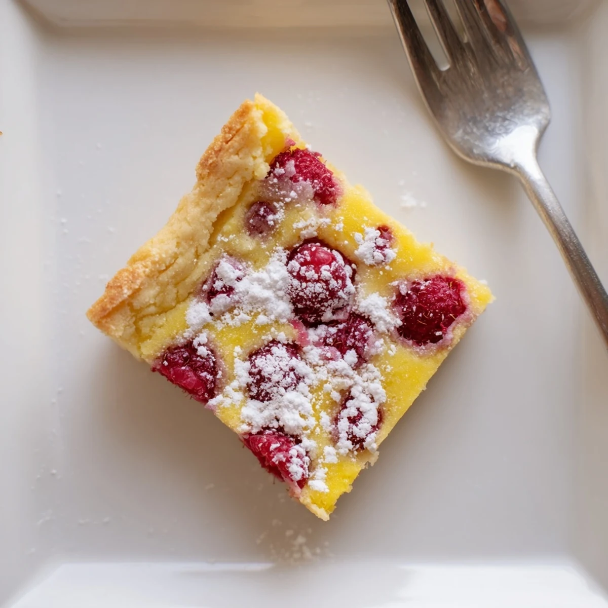 Golden raspberry lemonade bars with powdered sugar dusting on a white serving plate