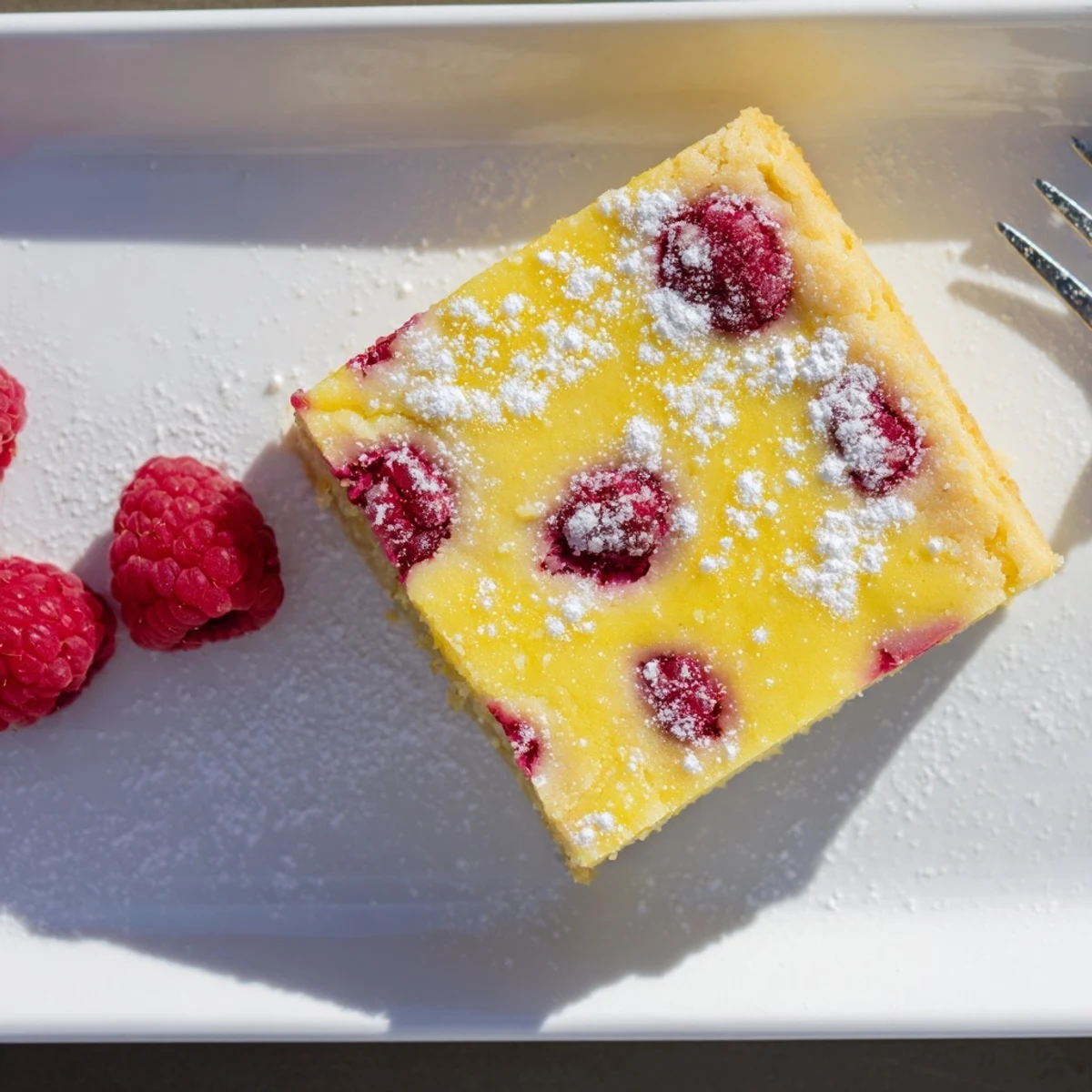 Fresh raspberries topping these vibrant lemonade bars with buttery shortbread crust