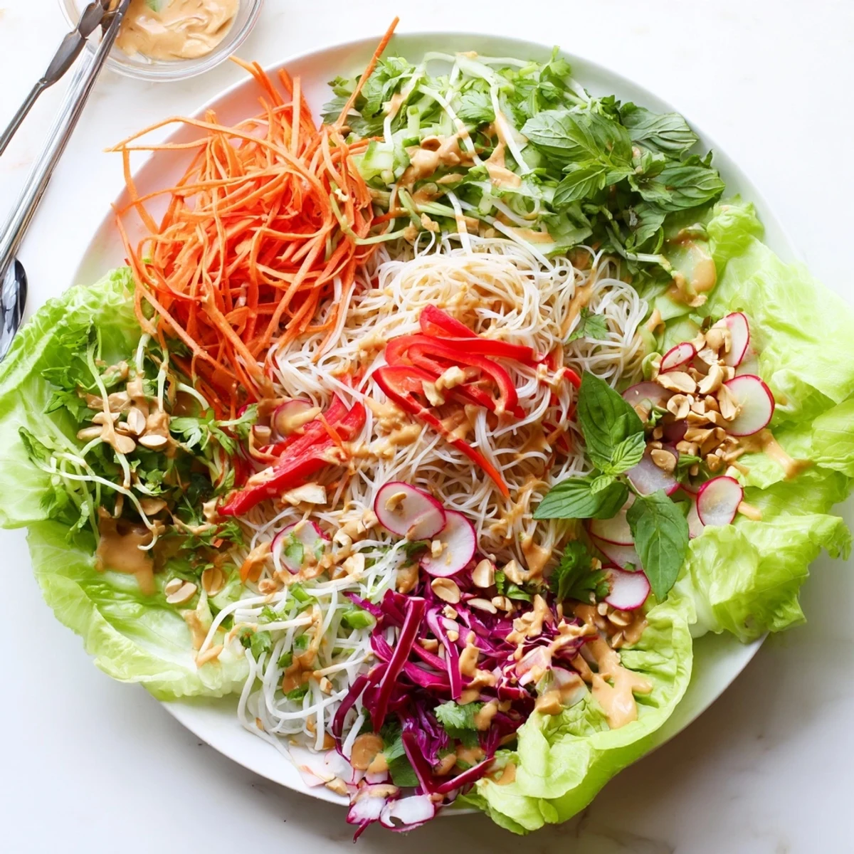 Colorful spring roll salad with peanut dressing featuring crisp vegetables, rice noodles, and fresh herbs on white plates