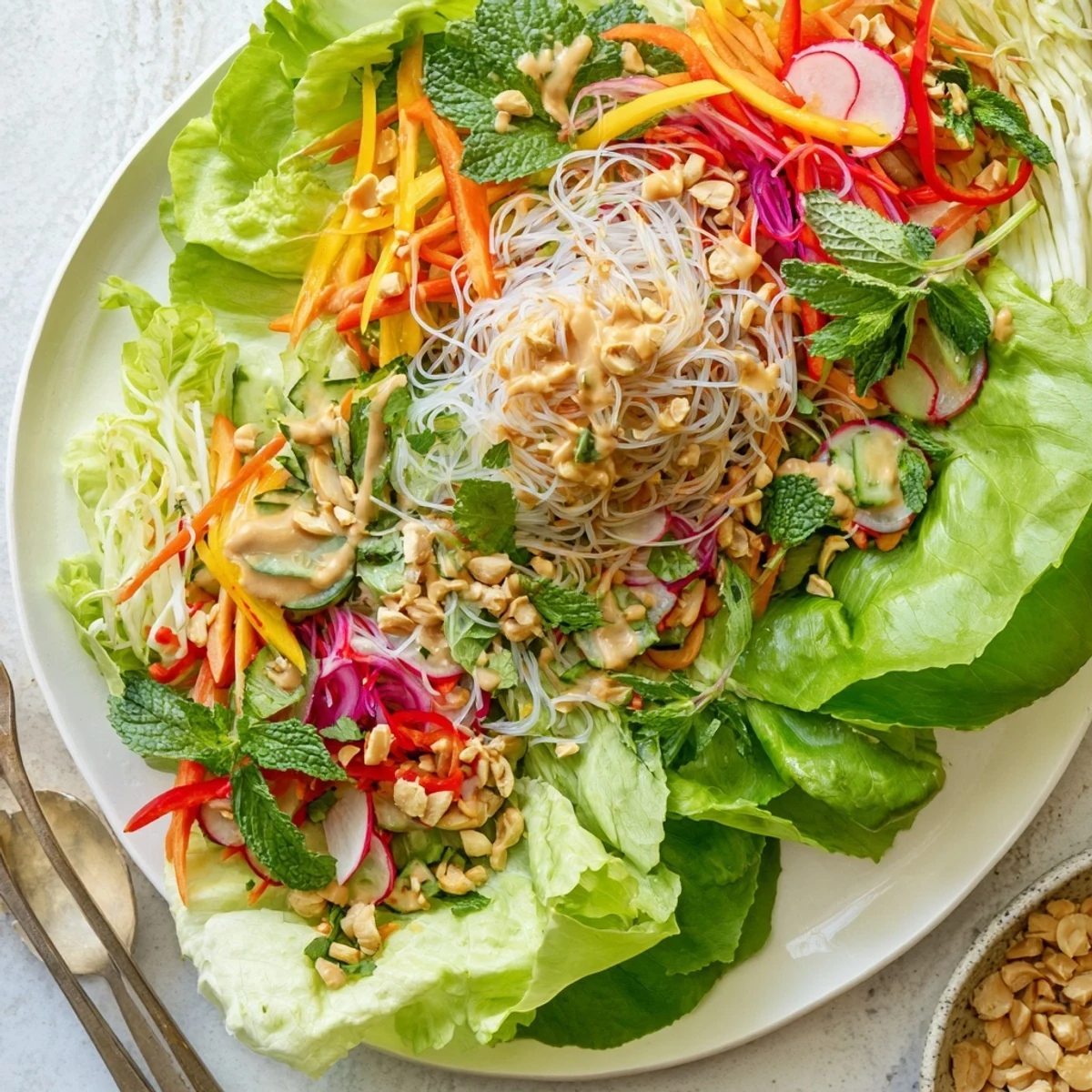 Vibrant Vietnamese-inspired spring roll salad with peanut dressing showcasing julienned carrots, cucumber, red cabbage, and vermicelli noodles