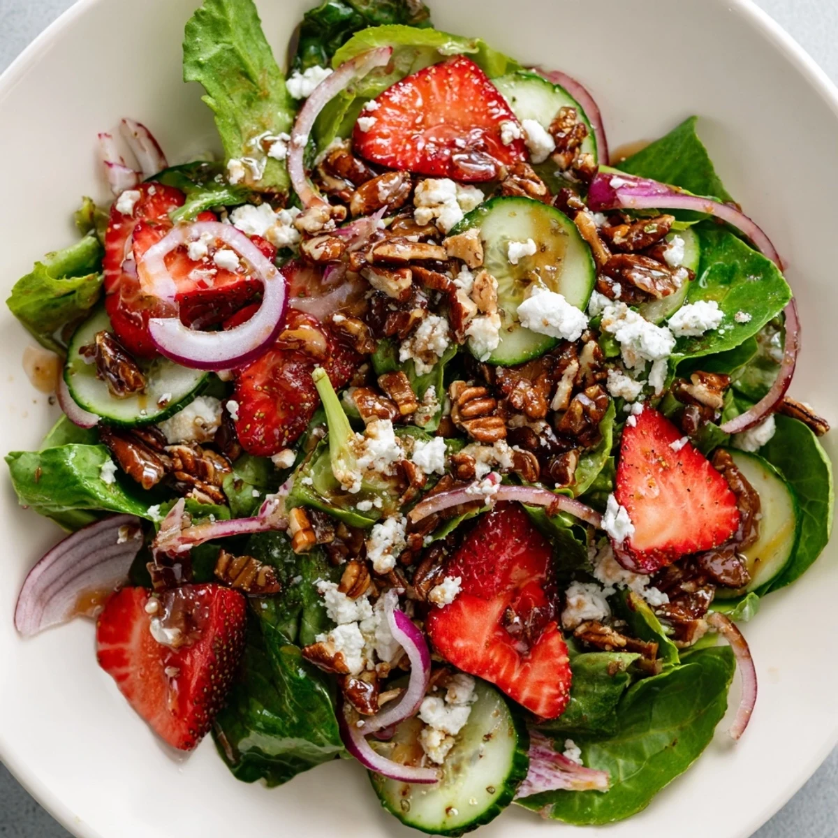 Fresh strawberry crunch salad piled high with juicy berries, toasted pecans, and crisp mixed greens in a white bowl