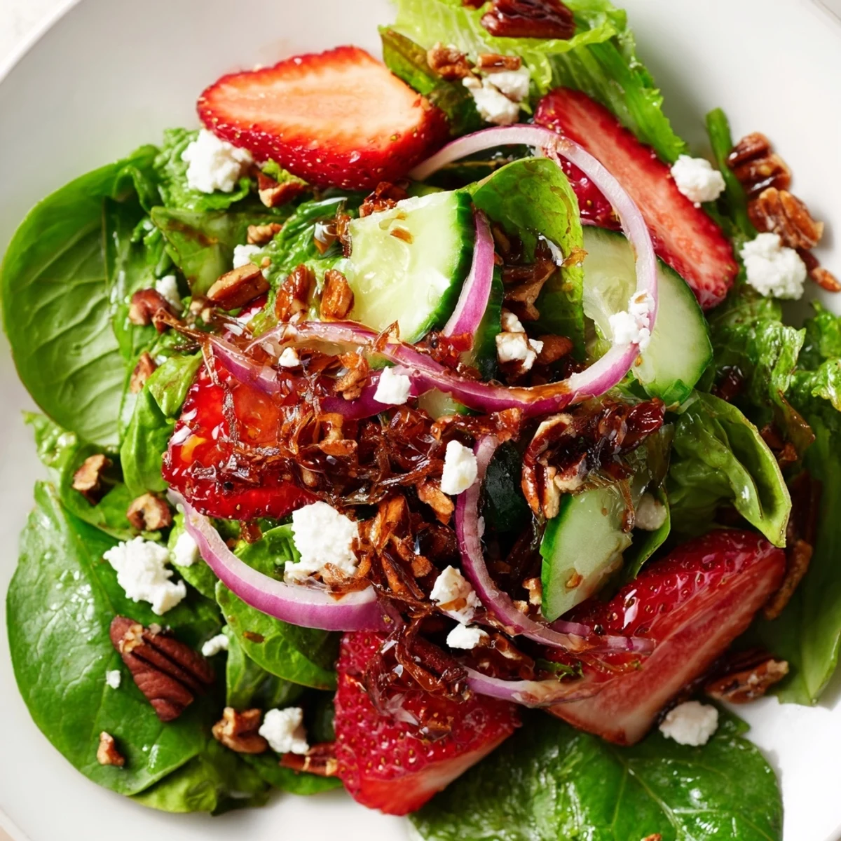 Summer strawberry crunch salad featuring sliced sweet strawberries, feta cheese, and cucumber on a bed of colorful salad greens