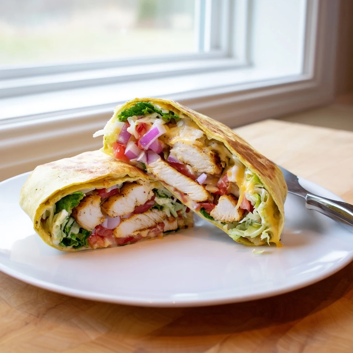 Golden cheesy garlic chicken wraps sliced in half revealing melted mozzarella and fresh vegetables