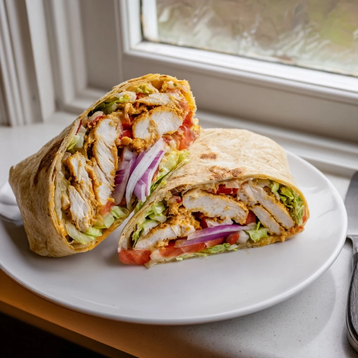 Warm flour tortilla rolled around seasoned chicken breast strips with melted cheddar and crisp lettuce