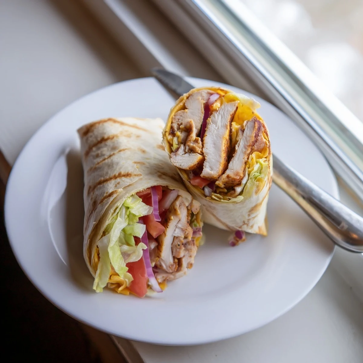 Savory cheesy garlic chicken wraps served on a white plate with colorful tomato and onion filling