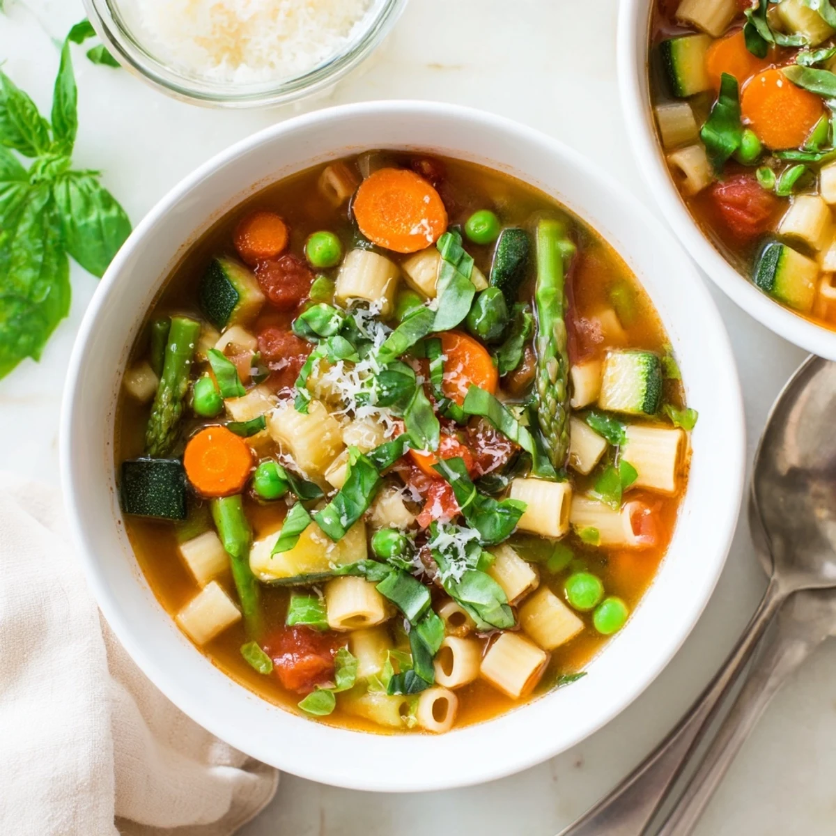Colorful bowl of Spring Minestrone Soup brimming with fresh asparagus, peas, and tender pasta in light broth