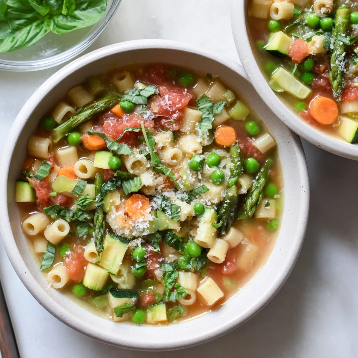 Rustic Italian Spring Minestrone Soup topped with fresh basil, parmesan, and bright green seasonal vegetables