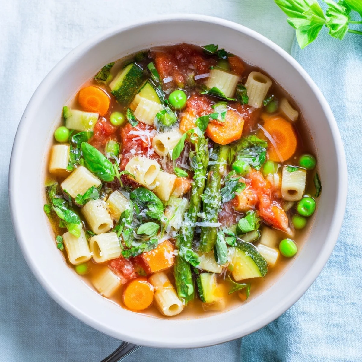 Creamy Spring Minestrone Soup featuring zucchini, spinach, and ditalini pasta garnished with olive oil and parsley