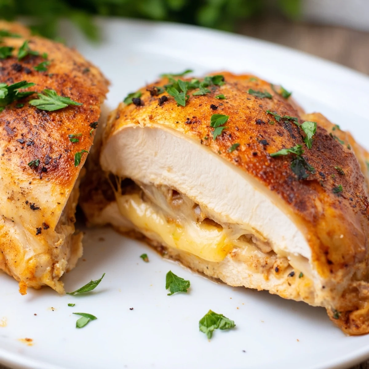Sliced Ruth's Chris stuffed chicken breast revealing melted mozzarella and cheddar cheese with fresh herbs