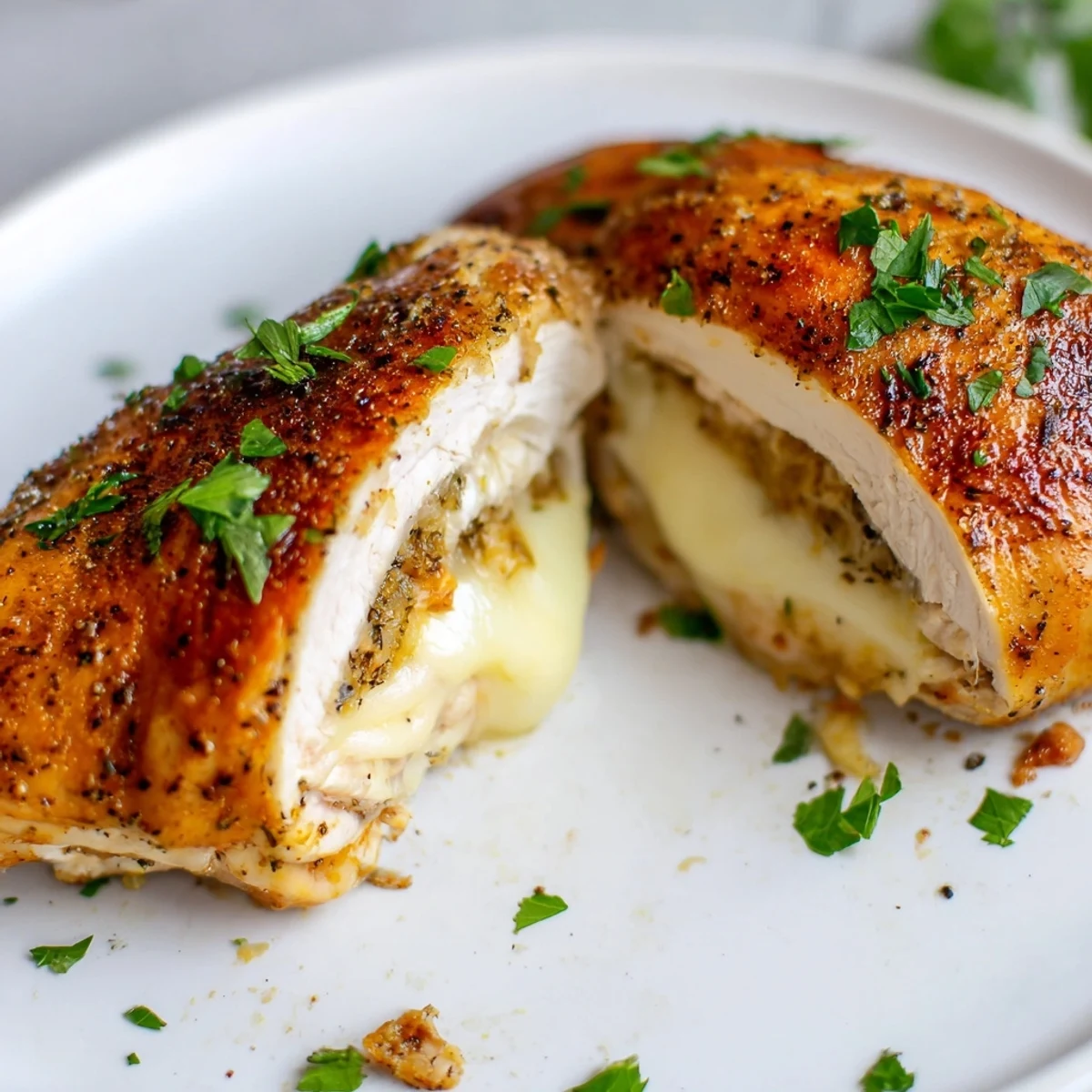 Golden brown Ruth's Chris stuffed chicken breast oozing creamy three-cheese filling on a white plate