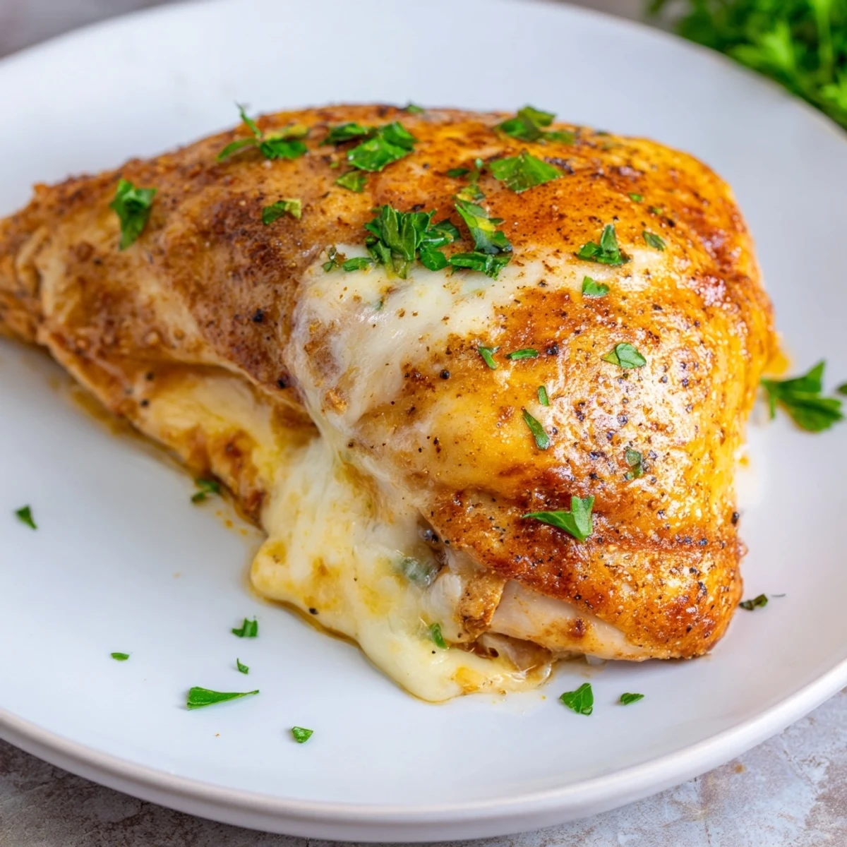 Juicy Ruth's Chris stuffed chicken breast baked to golden perfection with a herb and cheese center