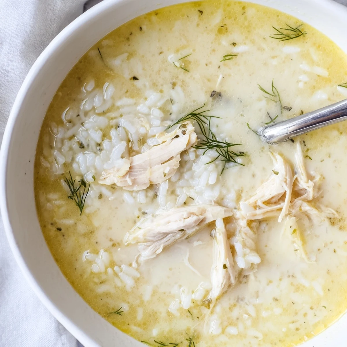Creamy Avgolemono Greek lemon chicken soup featuring tender shredded chicken and fluffy rice in a bright yellow broth.